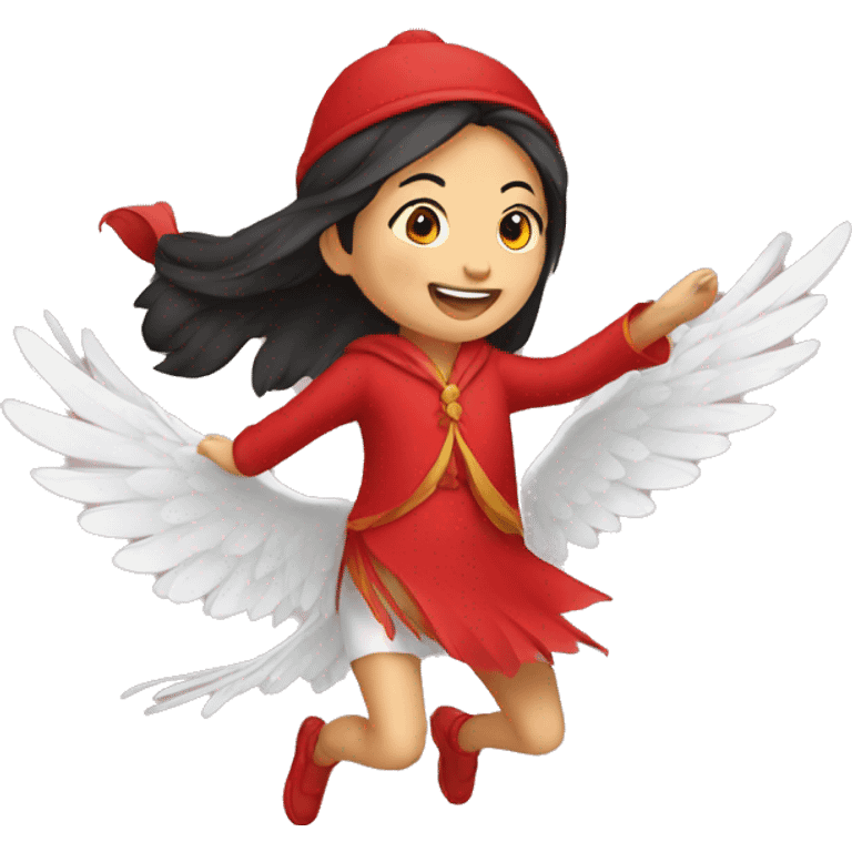 Asian girl flying on cardinal bird  emoji