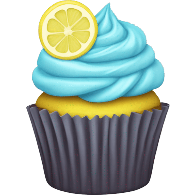 Small cupcake with light blue wrapper and topped with light yellow frosting and a slice of lemon  emoji