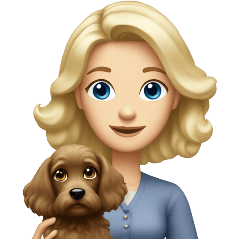 Old blue eyed blonde lady with long straight hair with dark brown Cockapoo puppy dog emoji