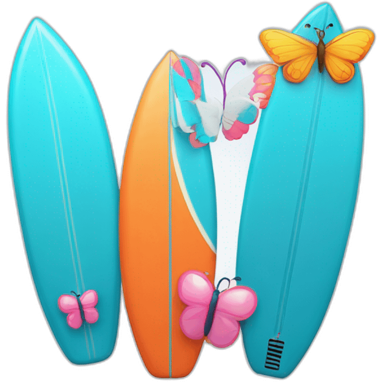 A surfboard Cartoon Blue and orange smiling and a mikrophone Cartoon Blue and pink with butterfly emoji