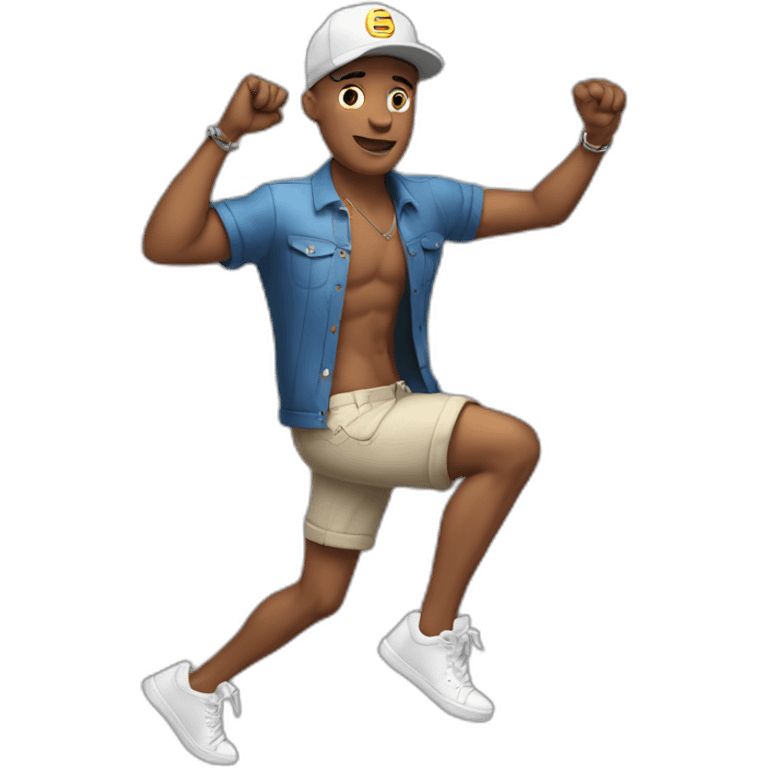 white man, cross earring, cap and short shorts, dancing emoji