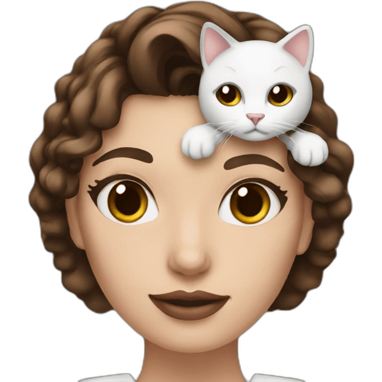 woman with brown hair wavy hair wearing makeup holding a black and white cat emoji