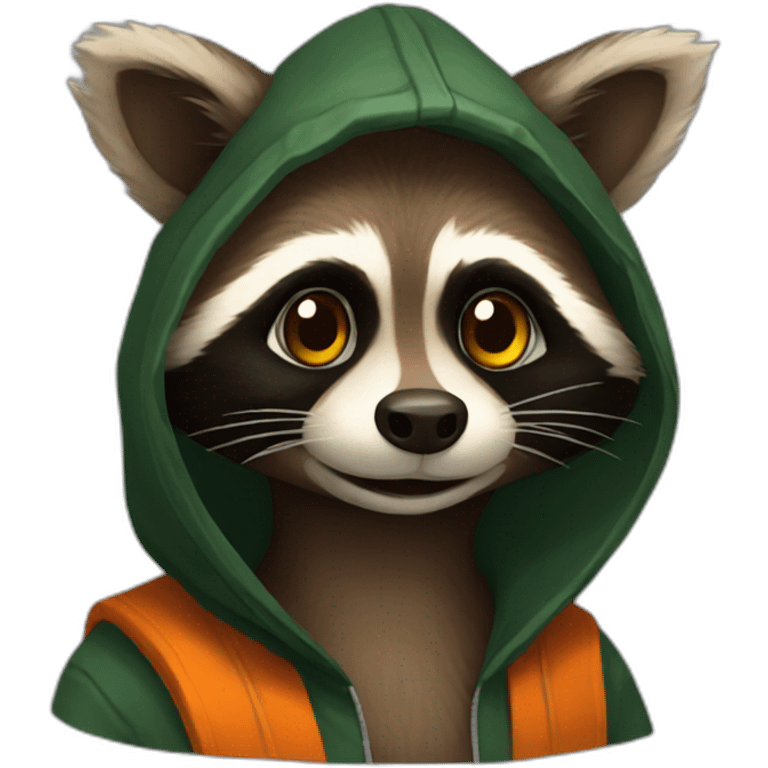 brown raccoon with orange eyes and a dark green hood that smile emoji