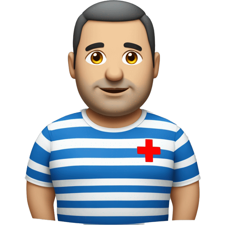 chubby middle-aged Lebanese man, wearing a t-shirt with horizontal blue and white stripes and a red cross on the upper right side of the shirt emoji