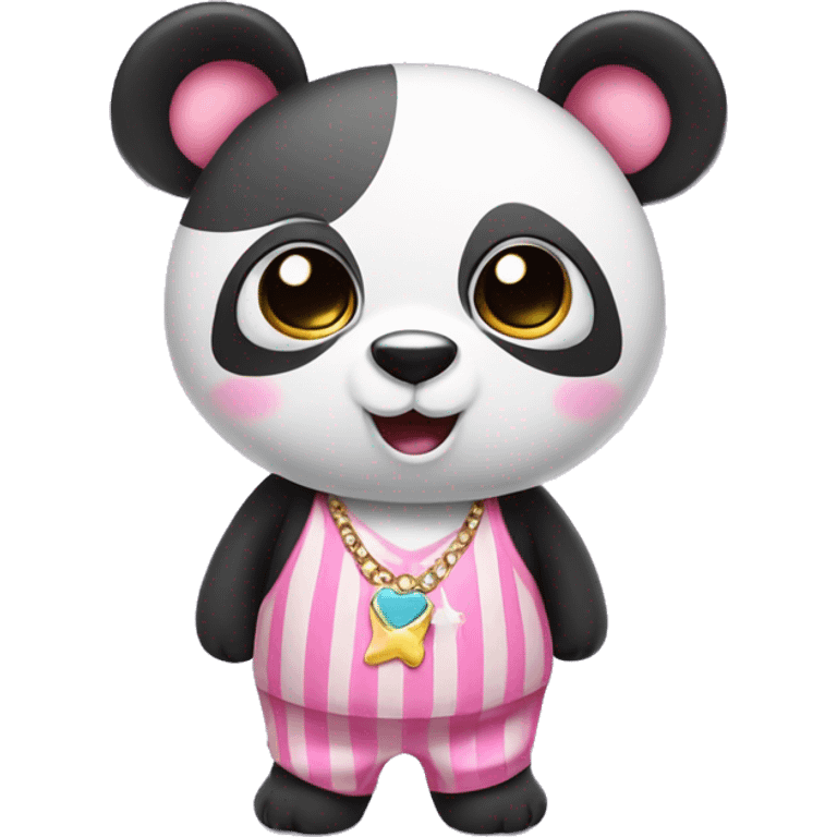 Panda with big eyes that are pink, has a pink striped shirt, has a necklace with a star, has bows on her ears emoji