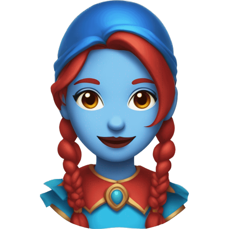 Blue and red girl jester with brown hair and blue and red eyes emoji