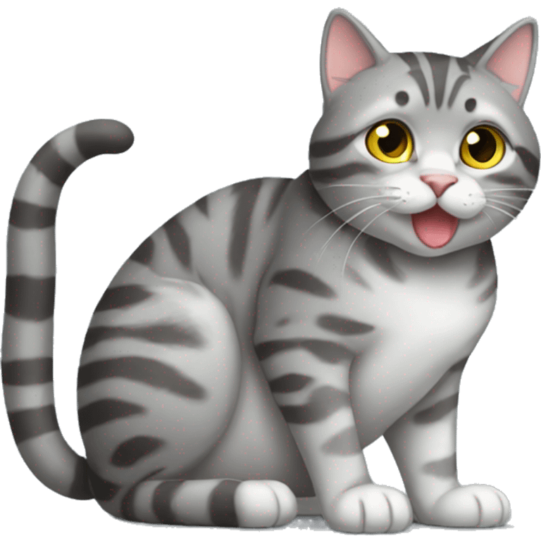 Grey tabby cat full body sitting licking paw emoji