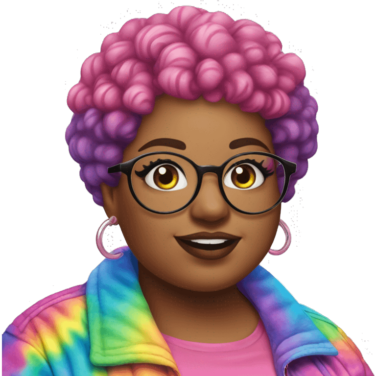 Plus size black woman with chinky eyes, pink curly pixie cut hair and a rainbow tie dye bubble jacket  emoji