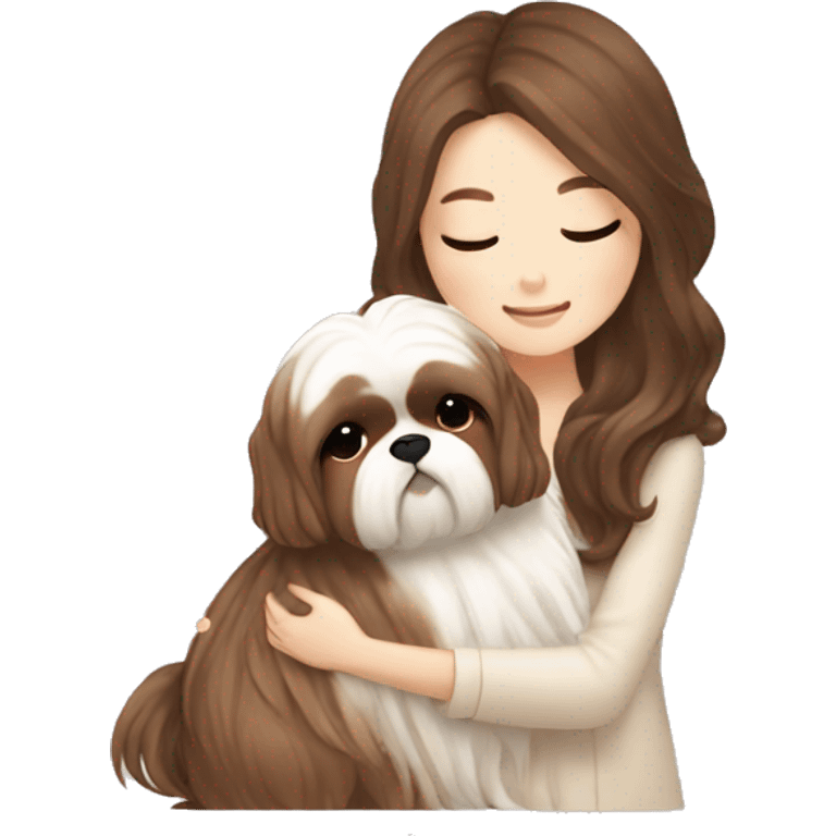 long brown wavy hair korean girl hugging cream and brown colored shih tzu emoji