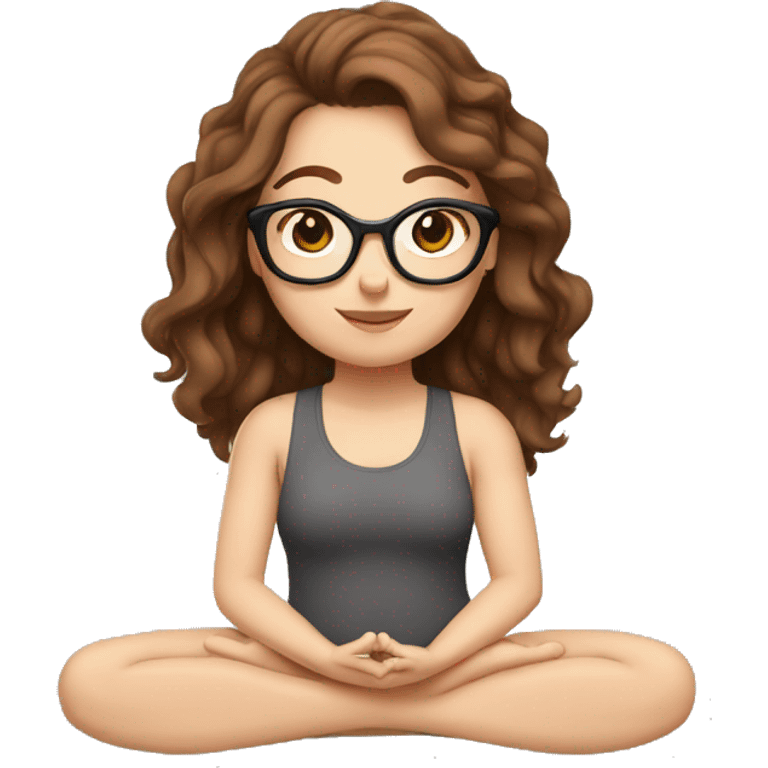 White girl with wavy brown hair, brown eyes and black glasses doing yoga emoji