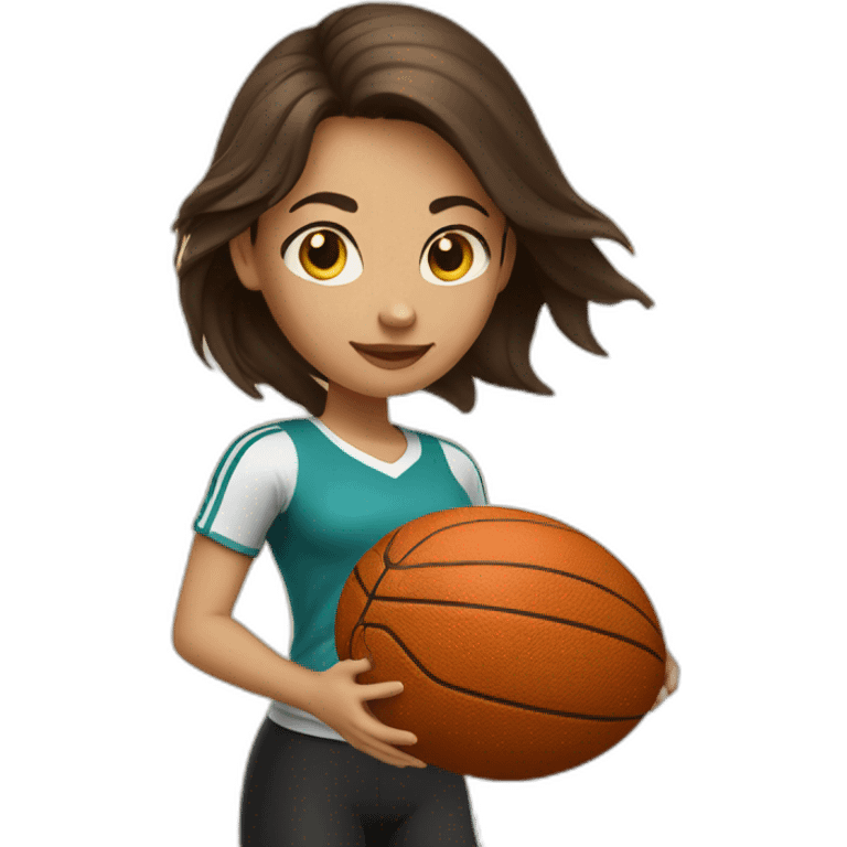 White skin brunette female playing football with very small basket ball emoji