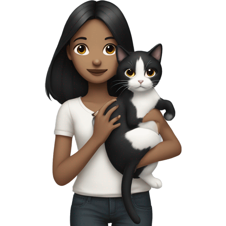 girl with black hair holding a black and white cat emoji