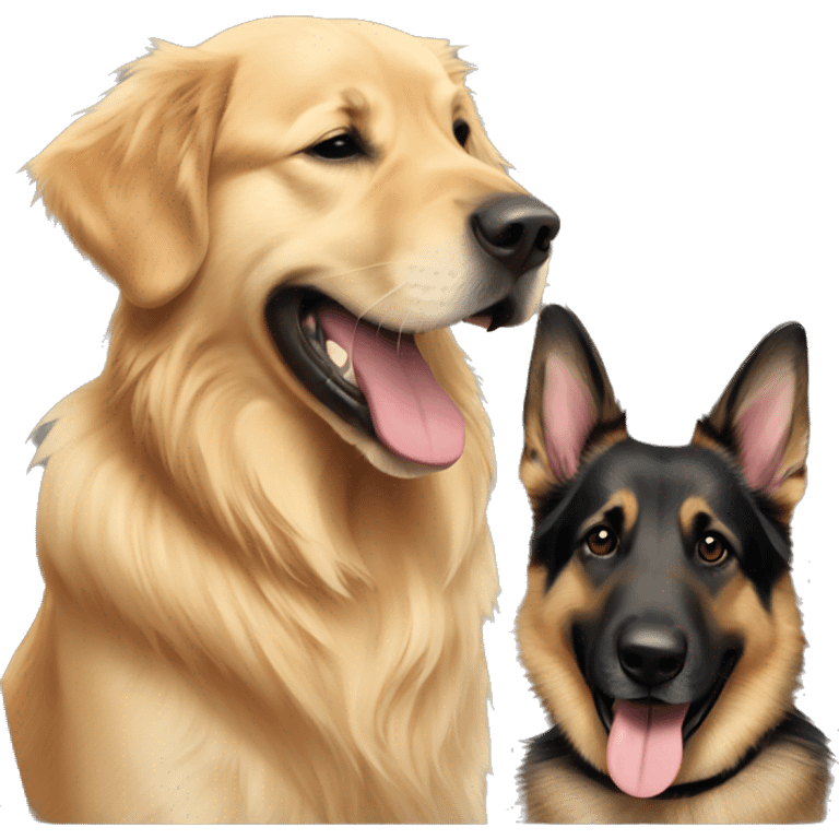 golden retriever hugging german shepherd both with their tongue out emoji