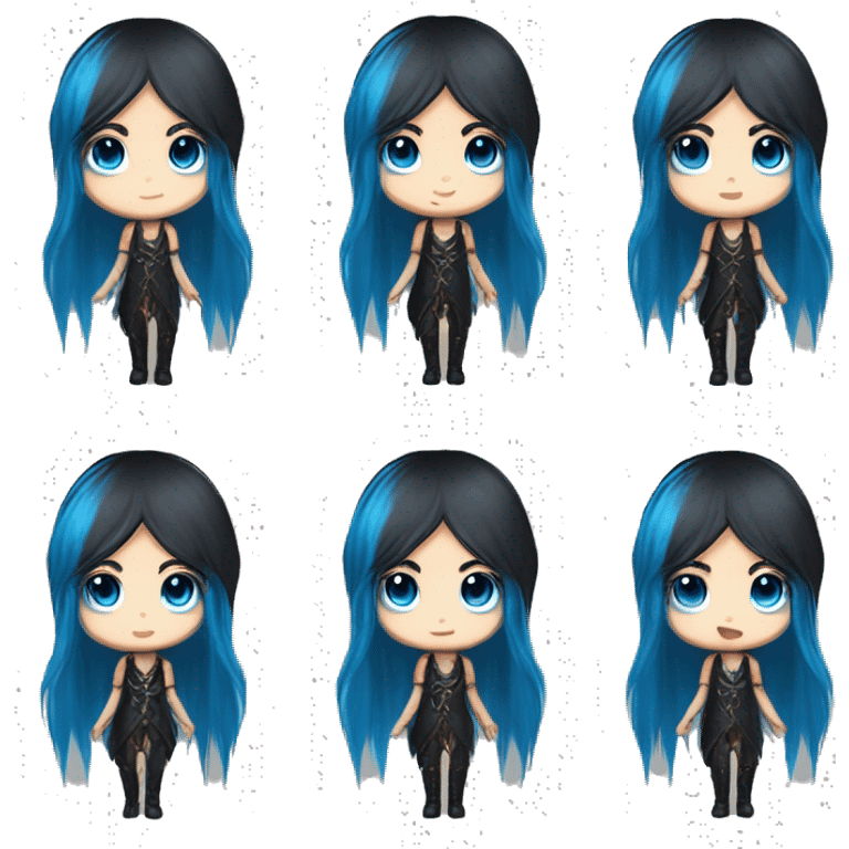 chibi, long black and blue hair, big eyes, pierced elf ears, black horns with blue tips, vivid, emoji emoji