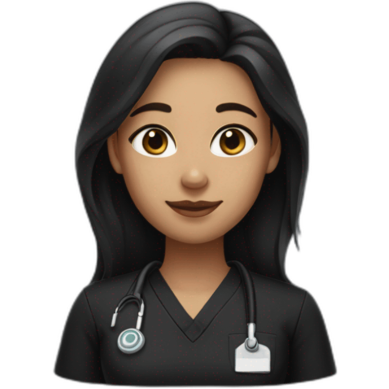 girl with middle part and dark brown hair in black scrubs emoji