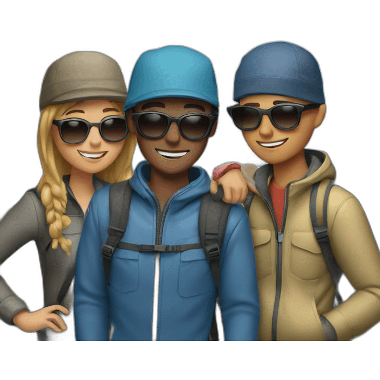 four friends reaching the top of the mountains wearing a cap and sunglasses emoji