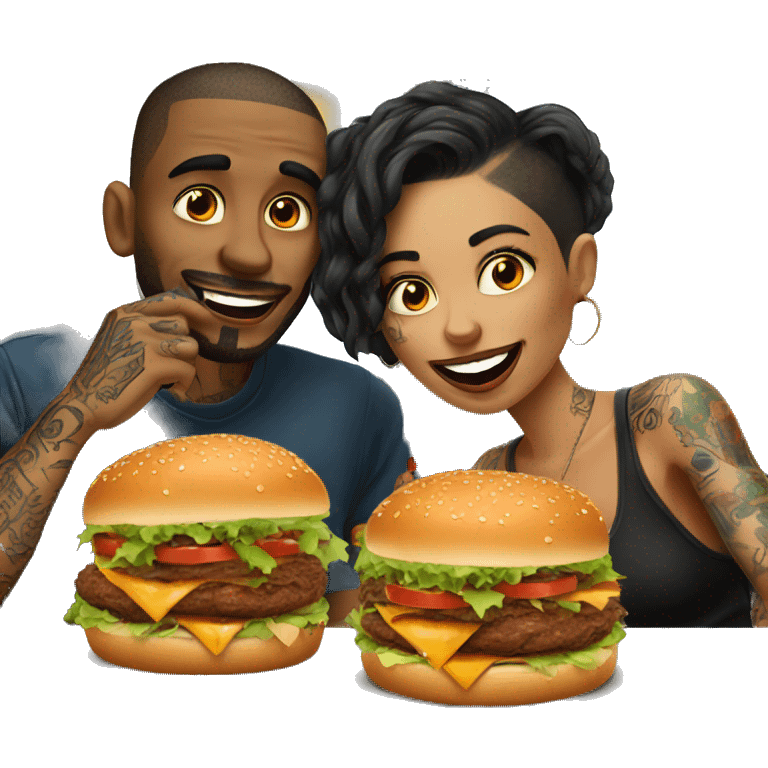 Beautiful tattooed couple eating burgers emoji