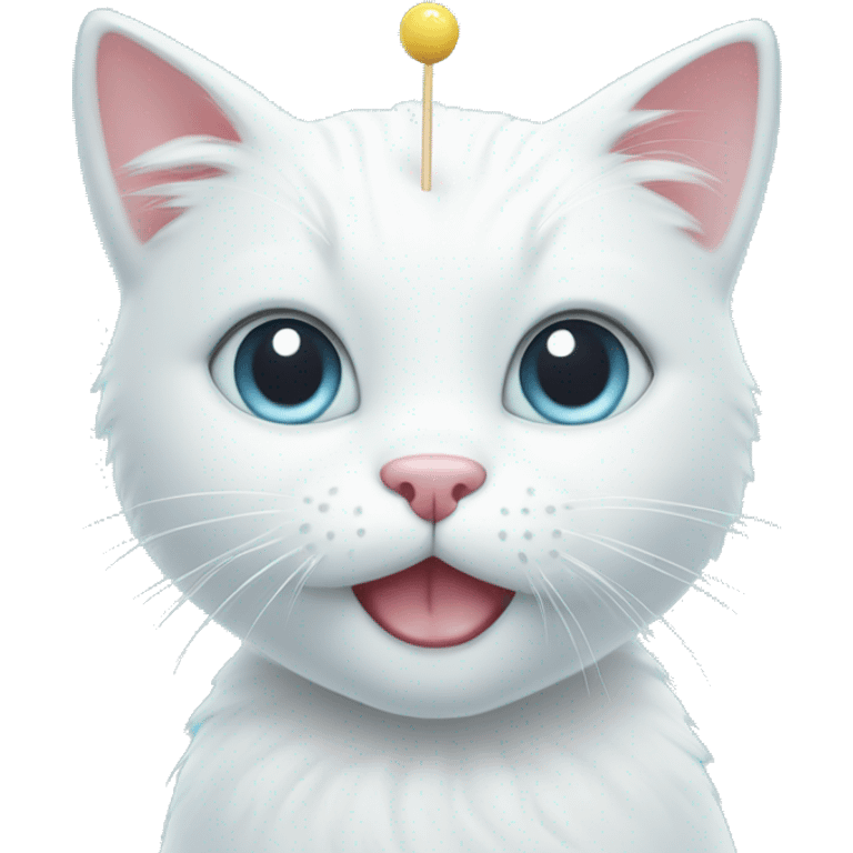 Face of a cute white cat holding two star shaped lollipops on a pastel blue background emoji