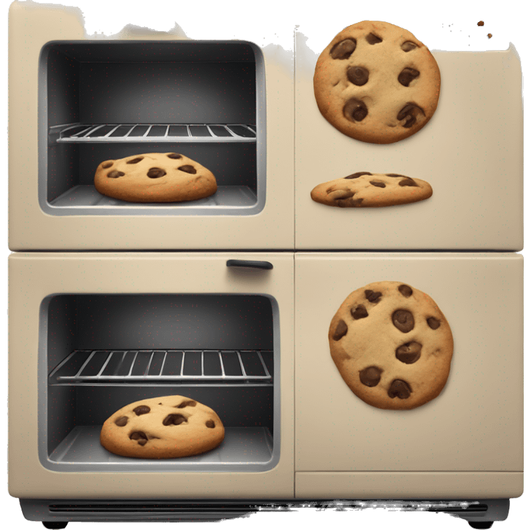 Realistic vintage beige oven with chocolate chip cookies baking inside of it. emoji