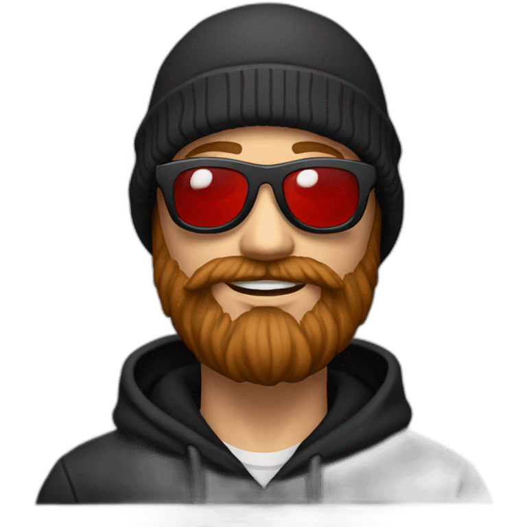 beard guy with black hoodie and sun glasses and Beanie, with a red ring on his right hand emoji