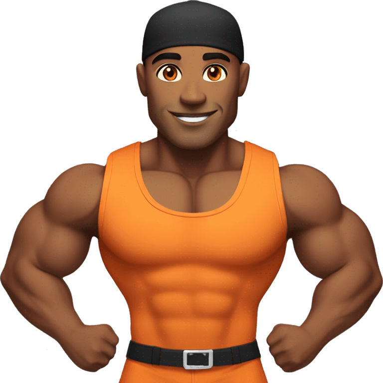 a male bodybuilder in an orange singlet, with a perfect face, orange eyes and a black and orange cap, depicted over his shoulders emoji