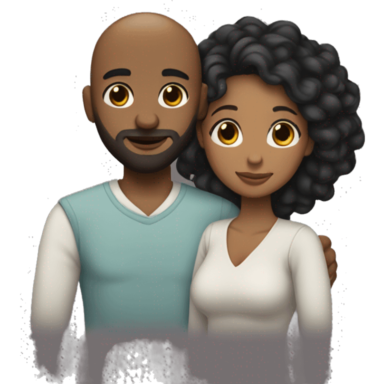 Cuddling Couple short bald black man with beard and woman with long curly black hair emoji