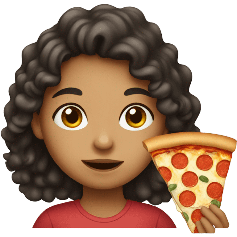 Girl with dark curly hair eating pizza  emoji