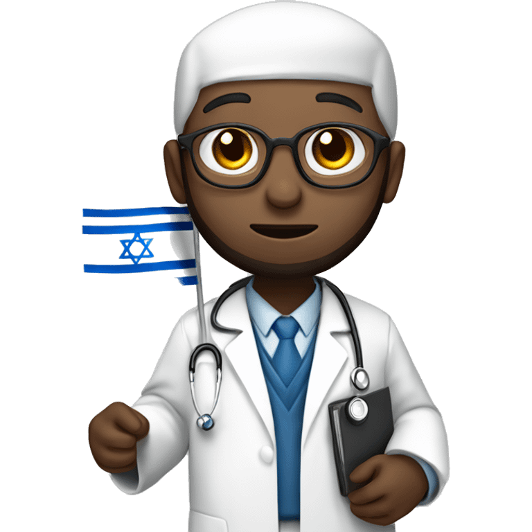 rabbin with Sidelocks holding israel flag in his hands while wearing a doctor white coat with a stethoscope white skin  emoji