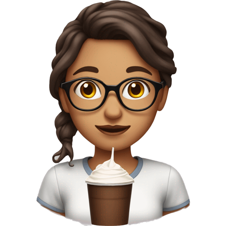 Girl with chocolate hair with glasses drinks milk emoji