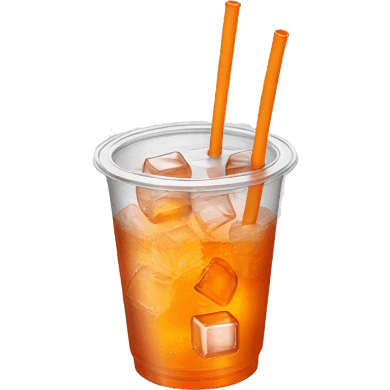 Realistic plastic cup and lid with Transluscent orange soda and large ice cubes inside and one straw through the top of the lid. emoji