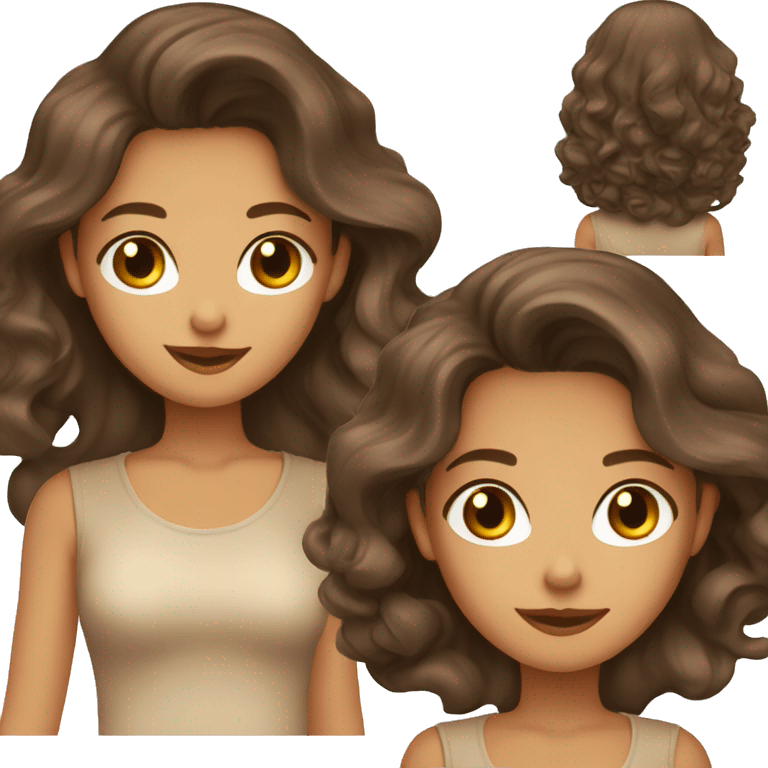 a charming tanned woman long wavy chocolate hair, caramel eyes, beige shirt emoji