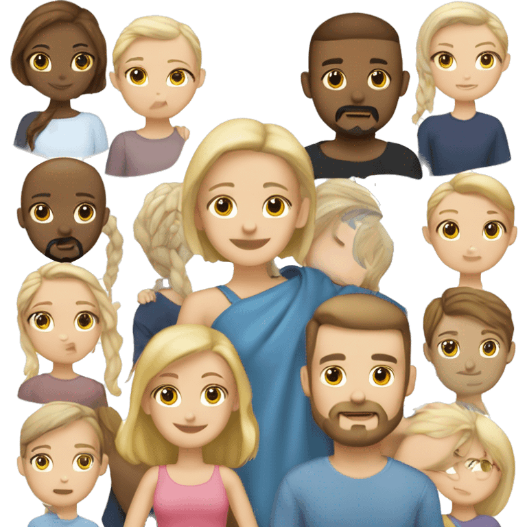 One girl, brown hair, brown eyes, second girl, blonde hair, blue eyes, third person, male, shaved, head, medium beard, and mustache blue eyes, all hugging emoji