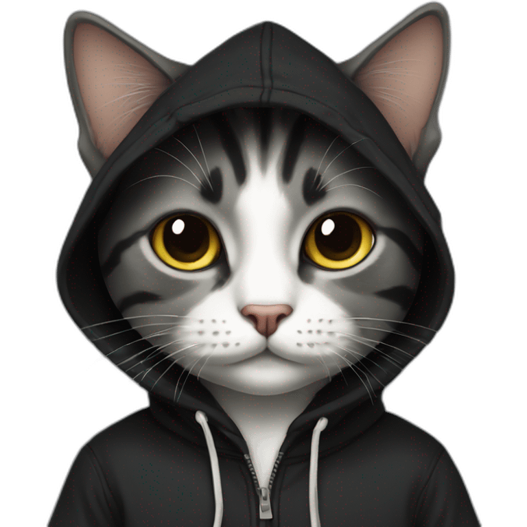 Cut cat wearing black hoddie emoji