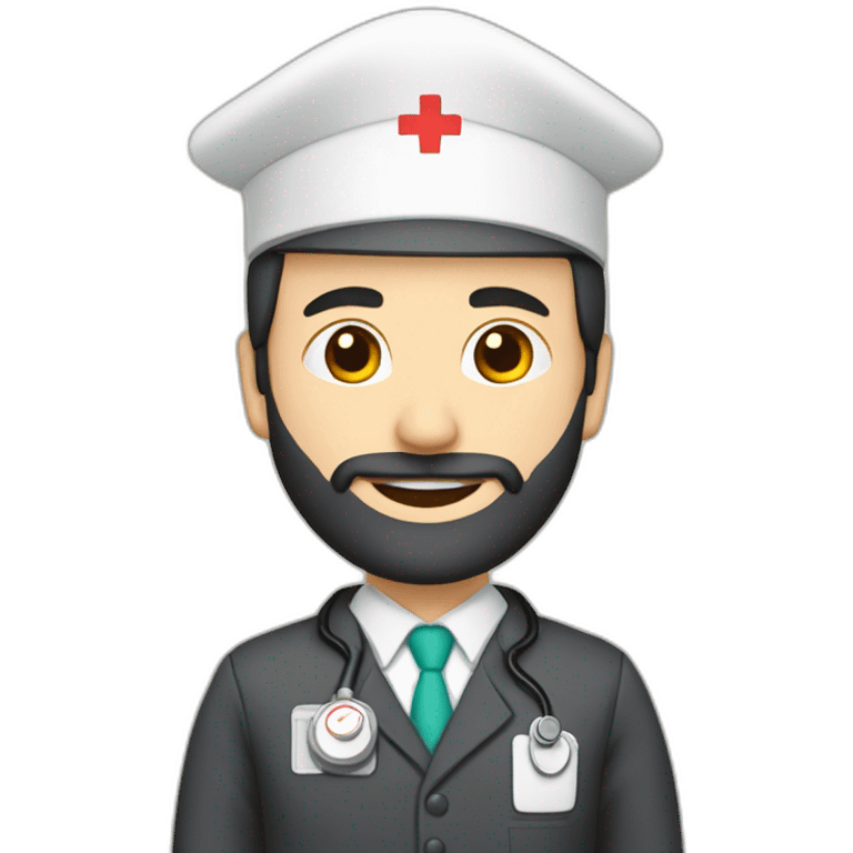 husband middle age trimmed beard dark business suit, with wife asian age 55 dark hair nurse uniform nurse cap emoji