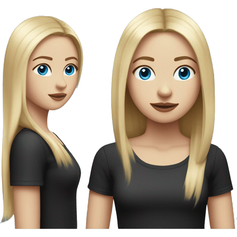 White skinned girl with medium length blonde straight hair with middle part and blue eyes with black shirt emoji