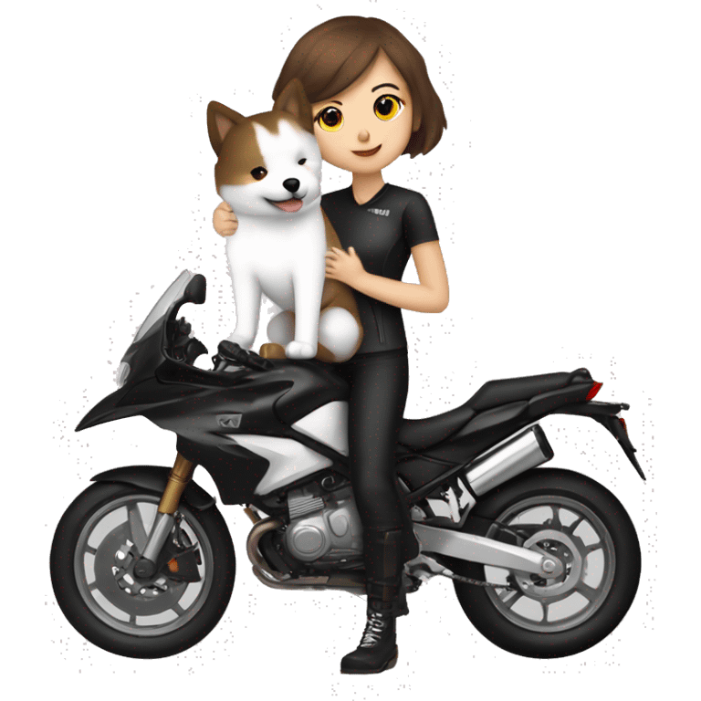 Girl biker white skin and brown short hair with a agv black helmet hugging a white Samoyed emoji