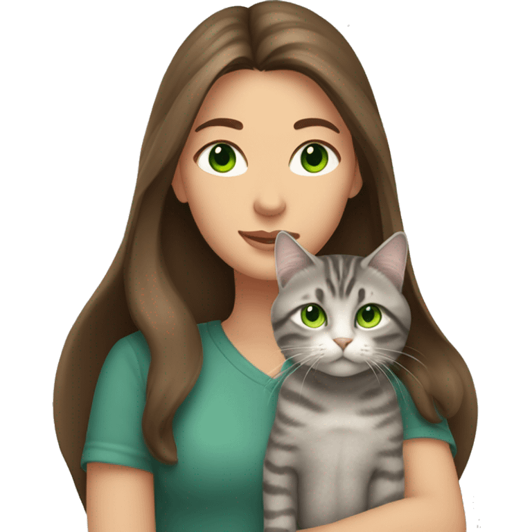 A woman with long brown hair and green eyes holds a gray tabby cat with green eyes in her arms emoji