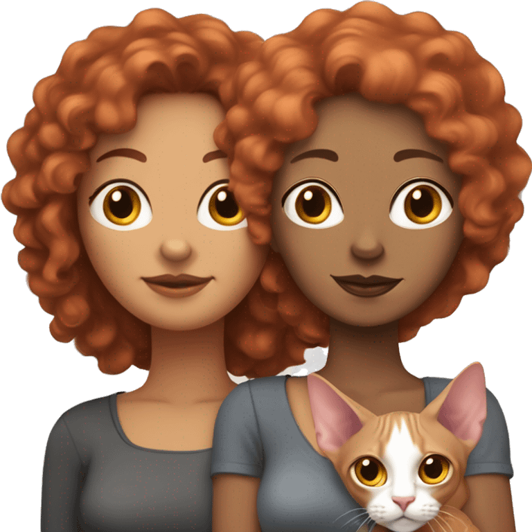 Two lesbians: one with curly red hair and the other with a dark, straight bob. They are holding two sphynx cats, one beige-pink and the other gray. emoji