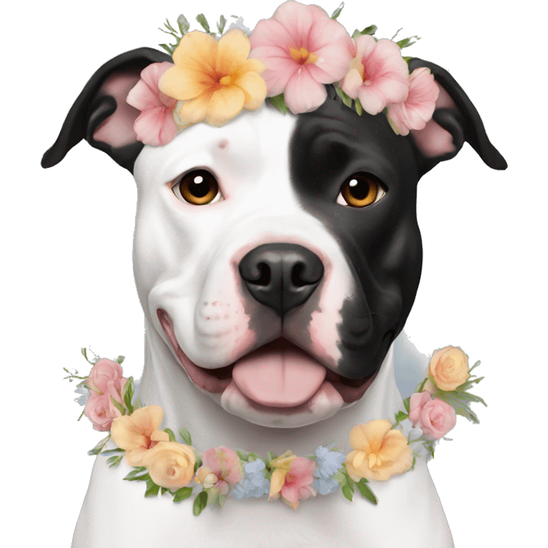 Black and white Pitbull with floral crown emoji