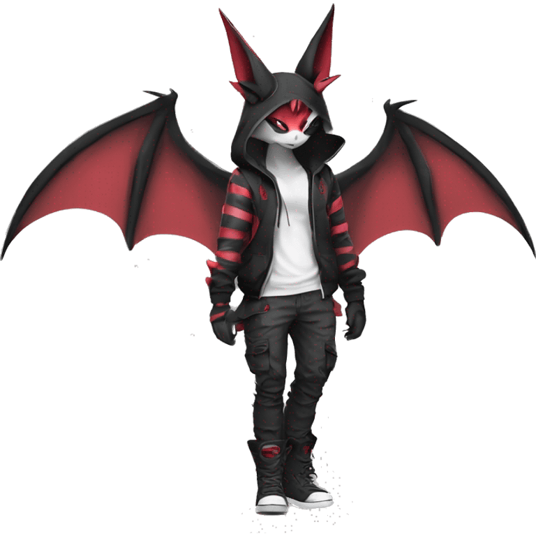 Dark Unique Anthro Cool Kawaii Horned Bat-Winged Zangoose-Litten-Pokémon with edgy stripes Punk Techwear Hoodie Cargo Collar emoji