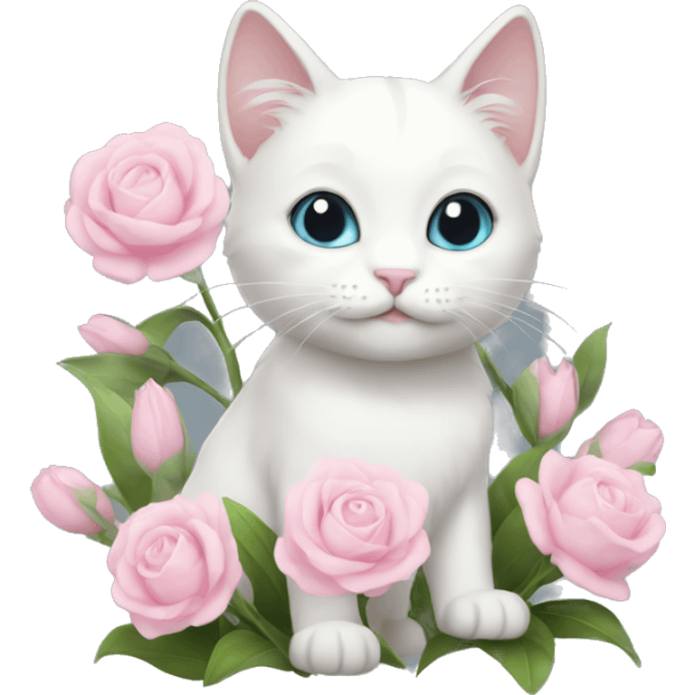 cute white cat holding light pink flowers emoji