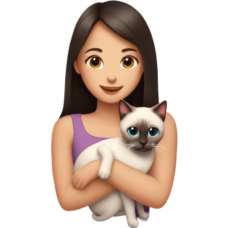 A girl hugs a Siamese cat and there are hearts around emoji