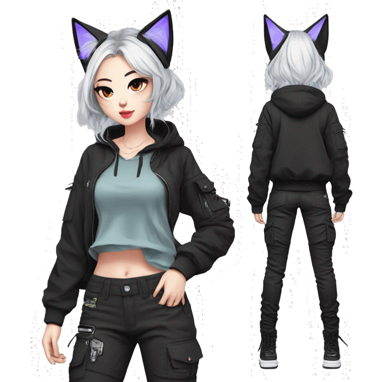 Edgy cool shy colorful Asian urban beautiful pretty anime punk tomboy-lady with cat ears techwear cargo pants hoodie collar  emoji