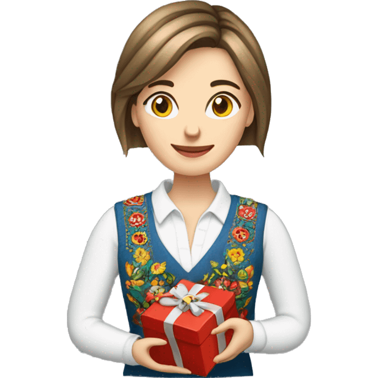 A female teacher in Ukrainian embroidery holds a gift in her hand emoji