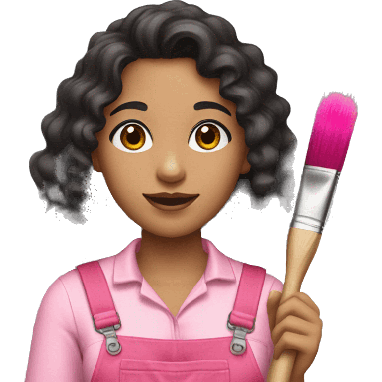 A woman with long black curly hair, brown eyes, wearing a pink overall and a paint brush with colorful paint emoji