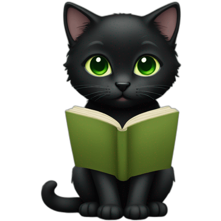 totally black kitten with green eyes read a book emoji