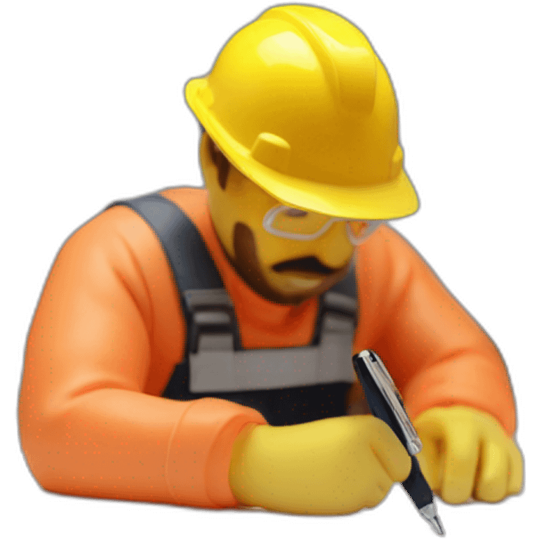 The builder writes on paper with a pen emoji