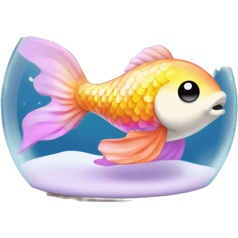 Kawaii rainbow pastel bedazzled koi fish in an under the sea snow globe  emoji