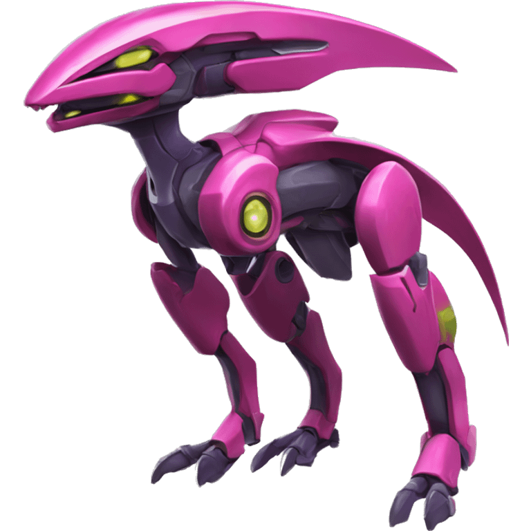 a shiny colorful Genesect-Raptor-Fakémon—hybrid with a futuristic visor-helmet full body emoji