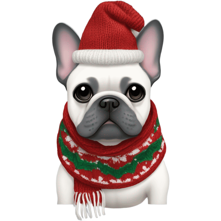 All gray French bulldog in christmas knitted scarf emoji